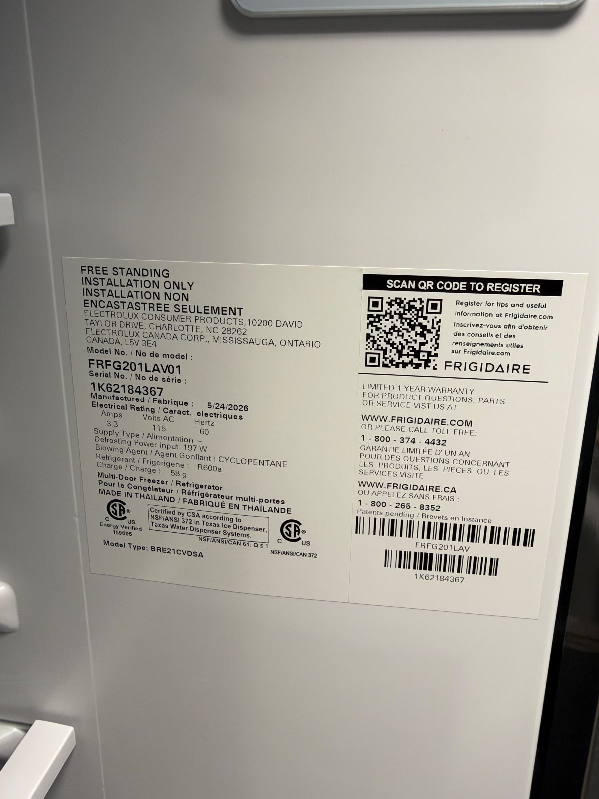Frigidaire — Refrigerator French Door Water Inside