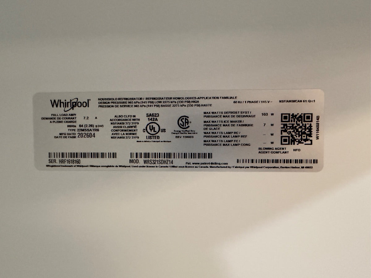 Whirlpool Refrigerator Side by Side 33” Wide